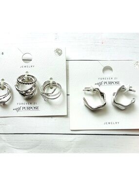 NEW NWT Forever 21 Silver Ring Stack Sz 8 and Sculpted Hoop Earrings Set